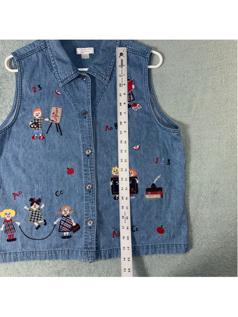 Vintage Christopher & Banks Denim School-Themed Embroidered Vest Sz L Blue Y2K - Picture 7 of 10